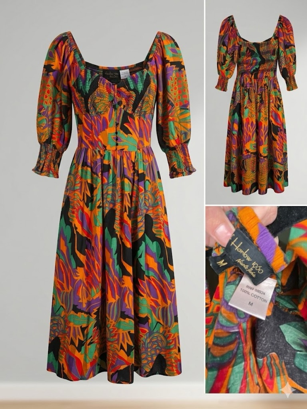 House of Harlow 1960 Tropical Bold Abstract Print Smocked Dress Size Medium